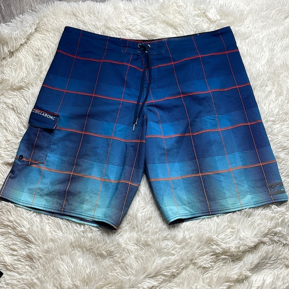 BILLABONG Platinum Blue Grid Print Swim Trunks Board Shorts
